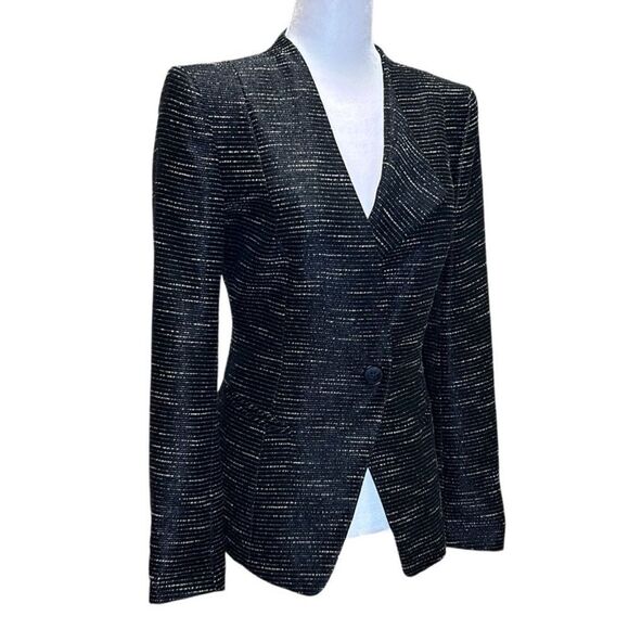 Lafayette 148 - Women’s Tweed Blazer, Silk Blend, Asymmetric, Black/White Size 4 - Picture 4 of 17